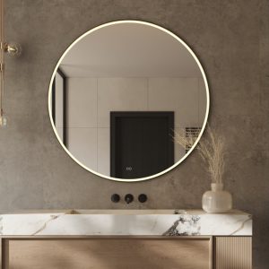 Ronde badkamerspiegel met directe verlichting, verwarming, instelbare lichtkleur, dimfunctie en mat zwart frame 120×120 cm