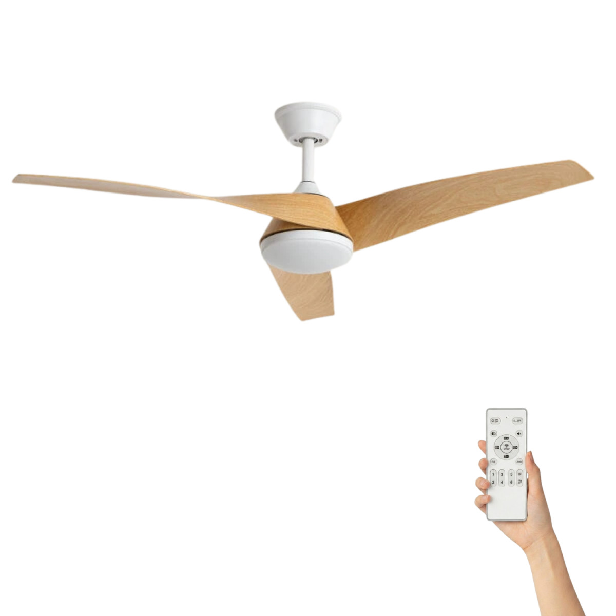 Fluisterstille plafondventilator Felix Ø132cm – Afstandsbediening & Timer – Wit Hout - Afbeelding 2