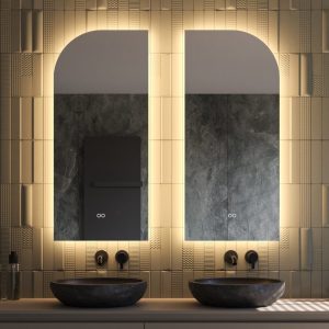 Organische halfronde badkamerspiegels met indirecte verlichting, verwarming, instelbare lichtkleur en dimfunctie 2x 45×100 cm
