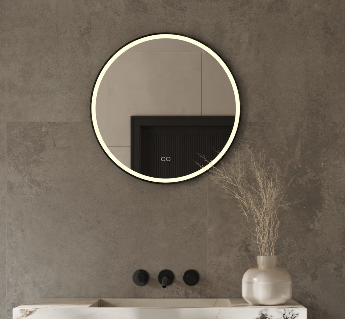 Ronde badkamerspiegel met directe verlichting, verwarming, instelbare lichtkleur, dimfunctie en mat zwart frame 60×60 cm - Afbeelding 2