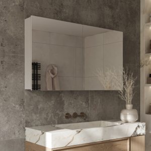 Aluminium badkamer spiegelkast met spiegelverwarming, stopcontact inclusief USB, make-up spiegel en sensor schakelaar 120×70 cm