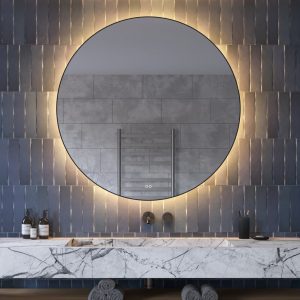 Ronde badkamerspiegel met indirecte verlichting, verwarming, instelbare lichtkleur, dimfunctie en mat zwart frame 120×120 cm