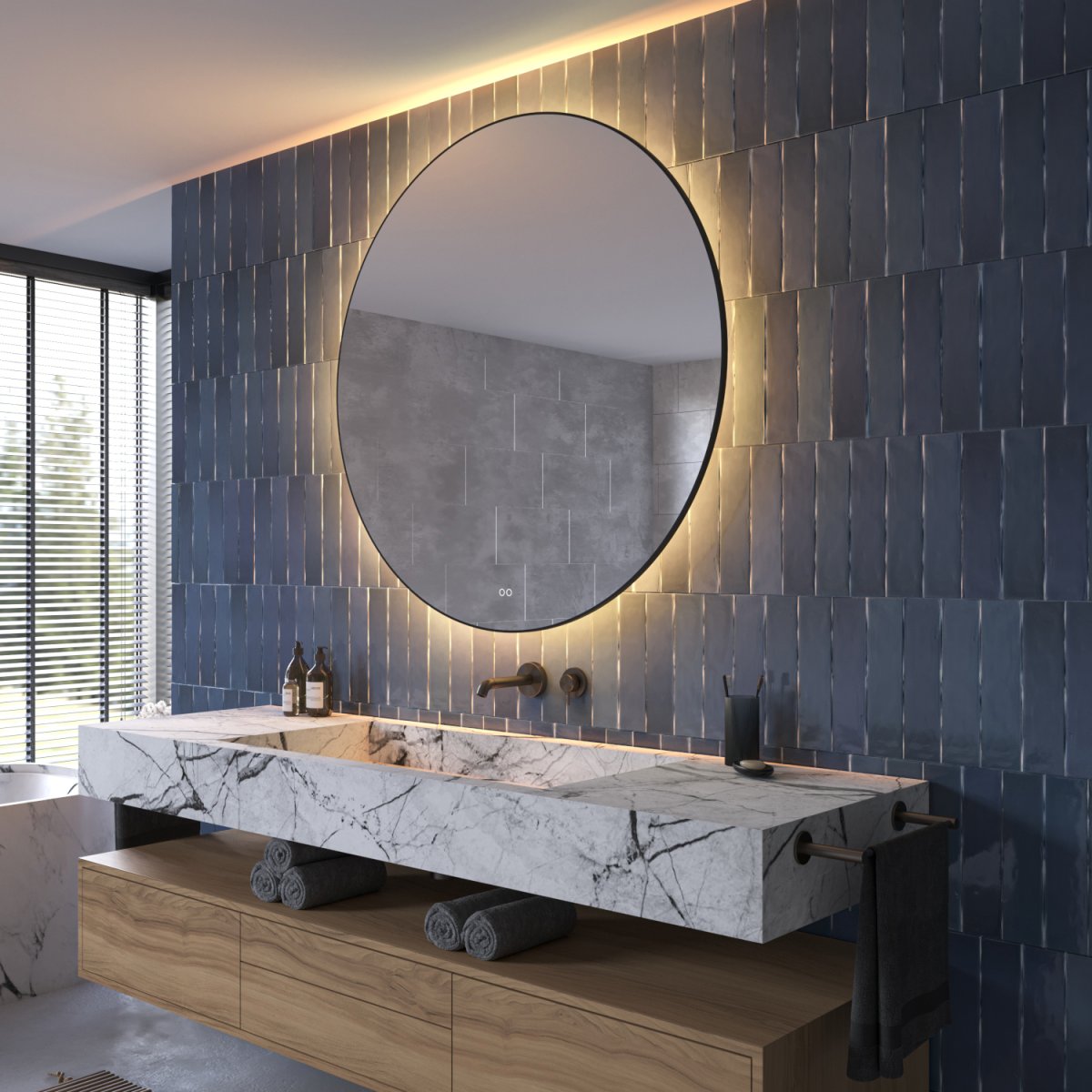 Ronde badkamerspiegel met indirecte verlichting, verwarming, instelbare lichtkleur, dimfunctie en mat zwart frame 120×120 cm - Afbeelding 3