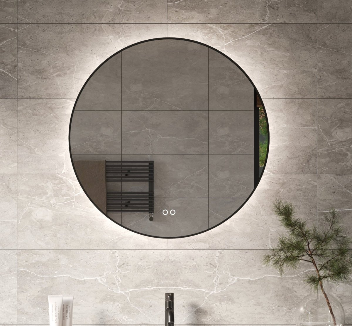 Ronde badkamerspiegel met indirecte verlichting, verwarming, touch sensor, dimfunctie en gun metal frame 80×80 cm