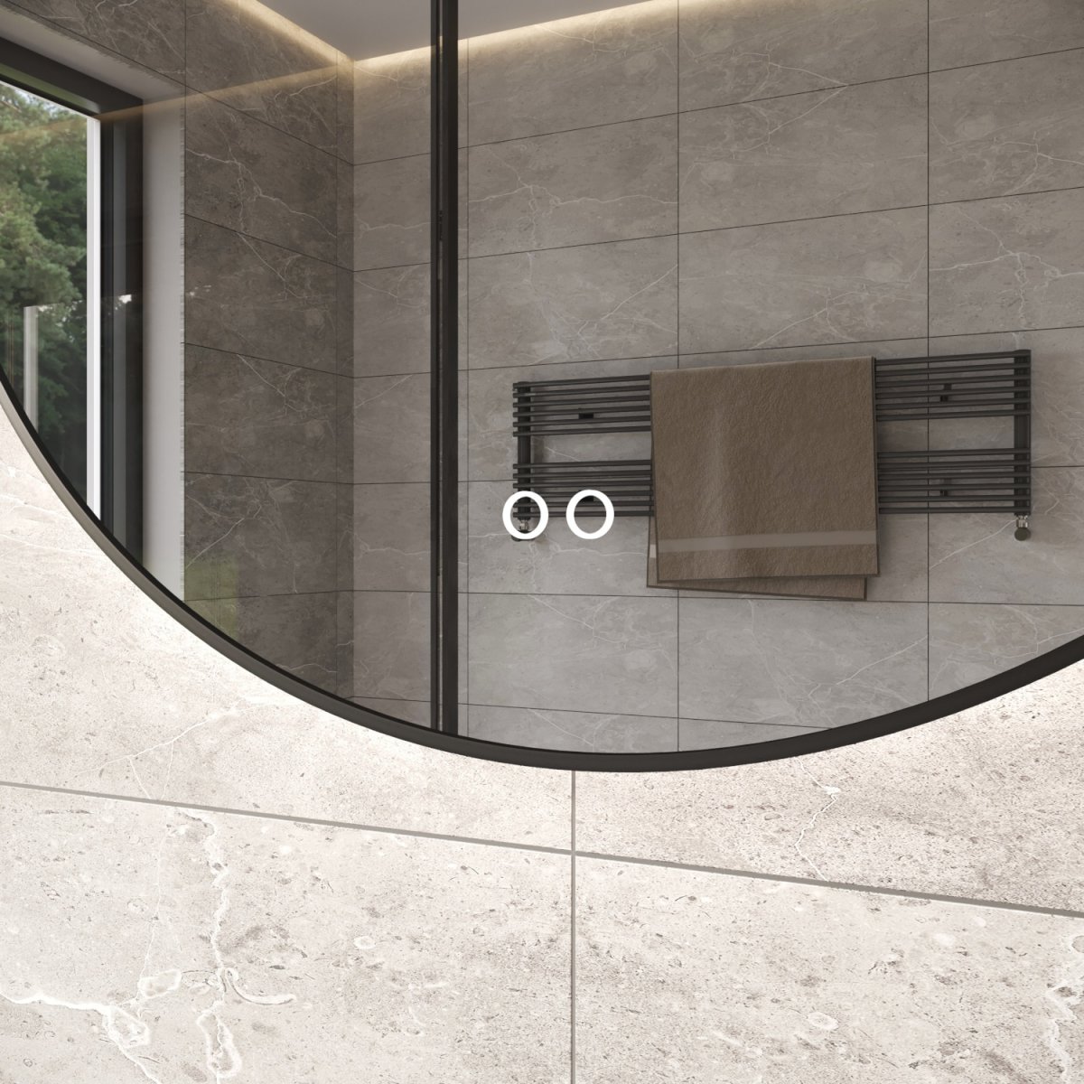 Ronde badkamerspiegel met indirecte verlichting, verwarming, touch sensor, dimfunctie en gun metal frame 120×120 cm - Afbeelding 5