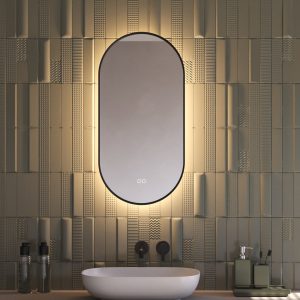 Ovale badkamerspiegel met indirecte verlichting, verwarming, touch sensor, kleurenwissel en mat zwart frame 40×80 cm