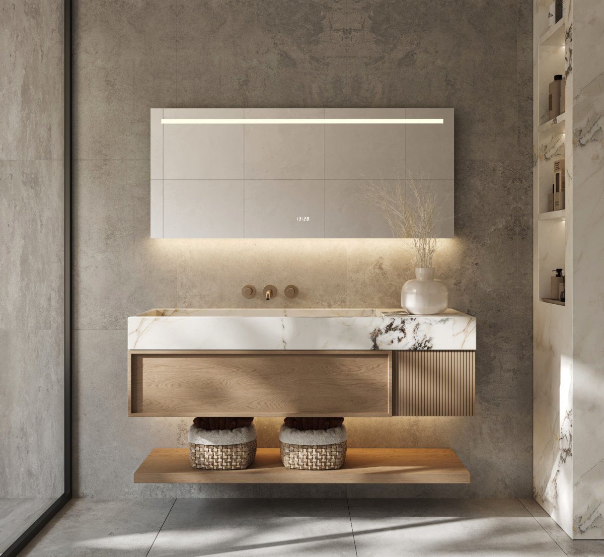 Badkamerspiegel met directe en indirecte verlichting, verwarming, klok, sensor en dimfunctie 140×70 cm - Afbeelding 9
