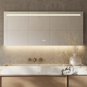 Badkamerspiegel met directe en indirecte verlichting, verwarming, klok, sensor en dimfunctie 140×70 cm