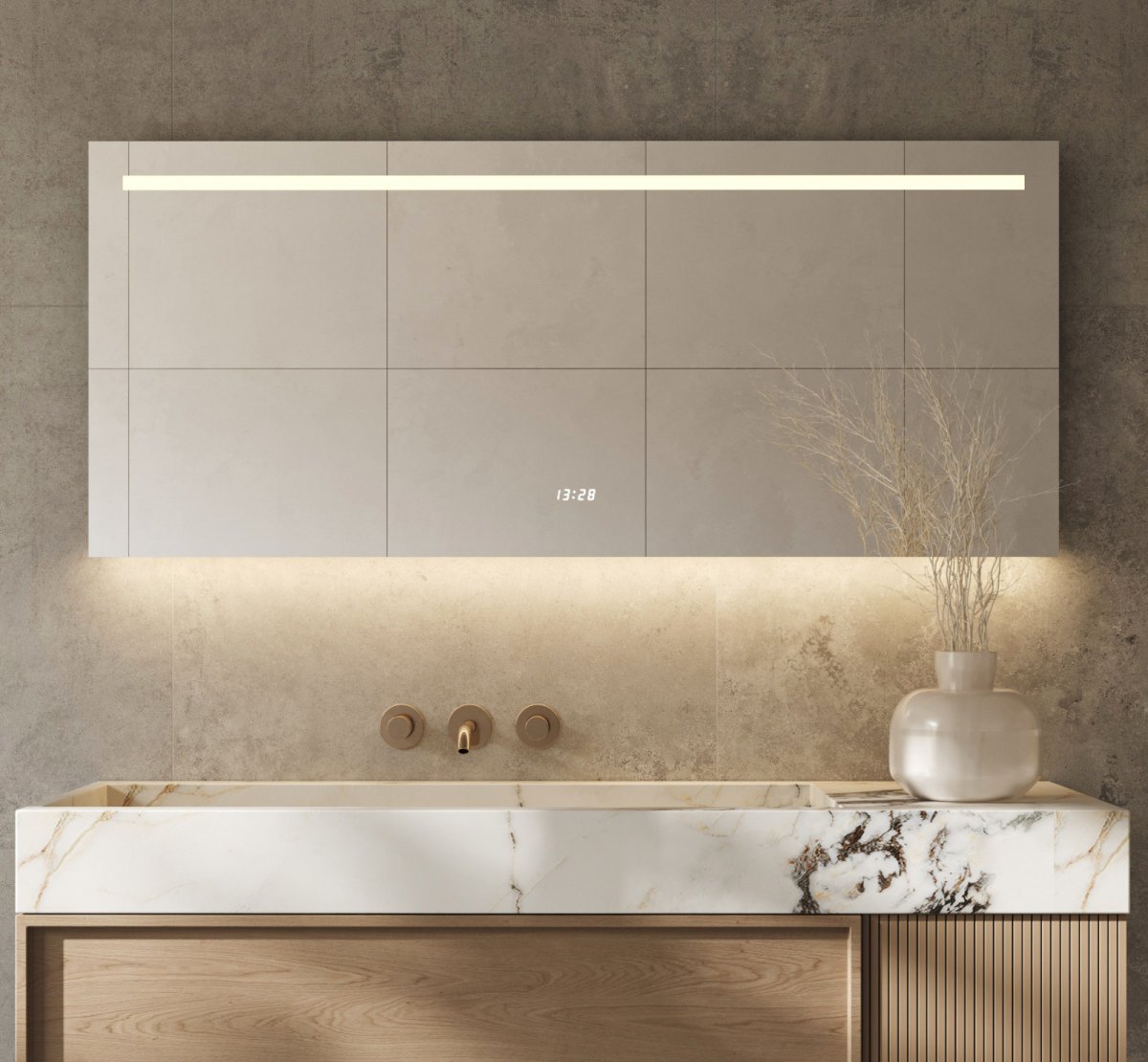 Badkamerspiegel met directe en indirecte verlichting, verwarming, klok, sensor en dimfunctie 140×70 cm