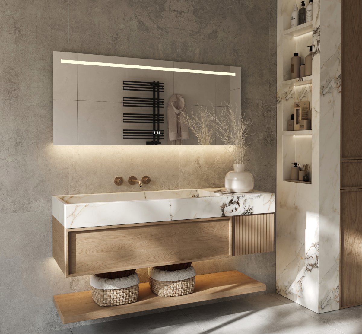 Badkamerspiegel met directe en indirecte verlichting, verwarming, klok, sensor en dimfunctie 140×70 cm - Afbeelding 7