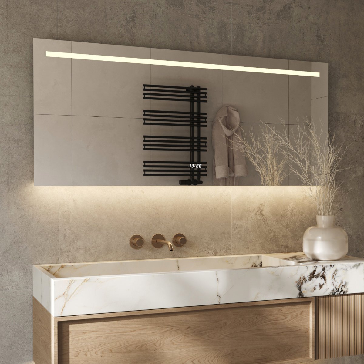Badkamerspiegel met directe en indirecte verlichting, verwarming, klok, sensor en dimfunctie 140×70 cm - Afbeelding 3