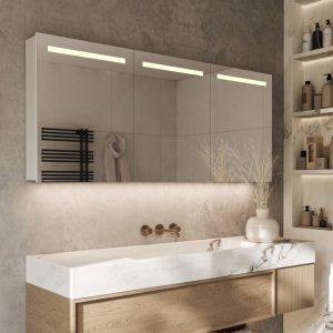 Aluminium badkamer spiegelkast met directe verlichting boven en indirecte verlichting onder, spiegelverwarming, stopcontact inclusief USB, make-up spiegel en sensor schakelaar 160×70 cm