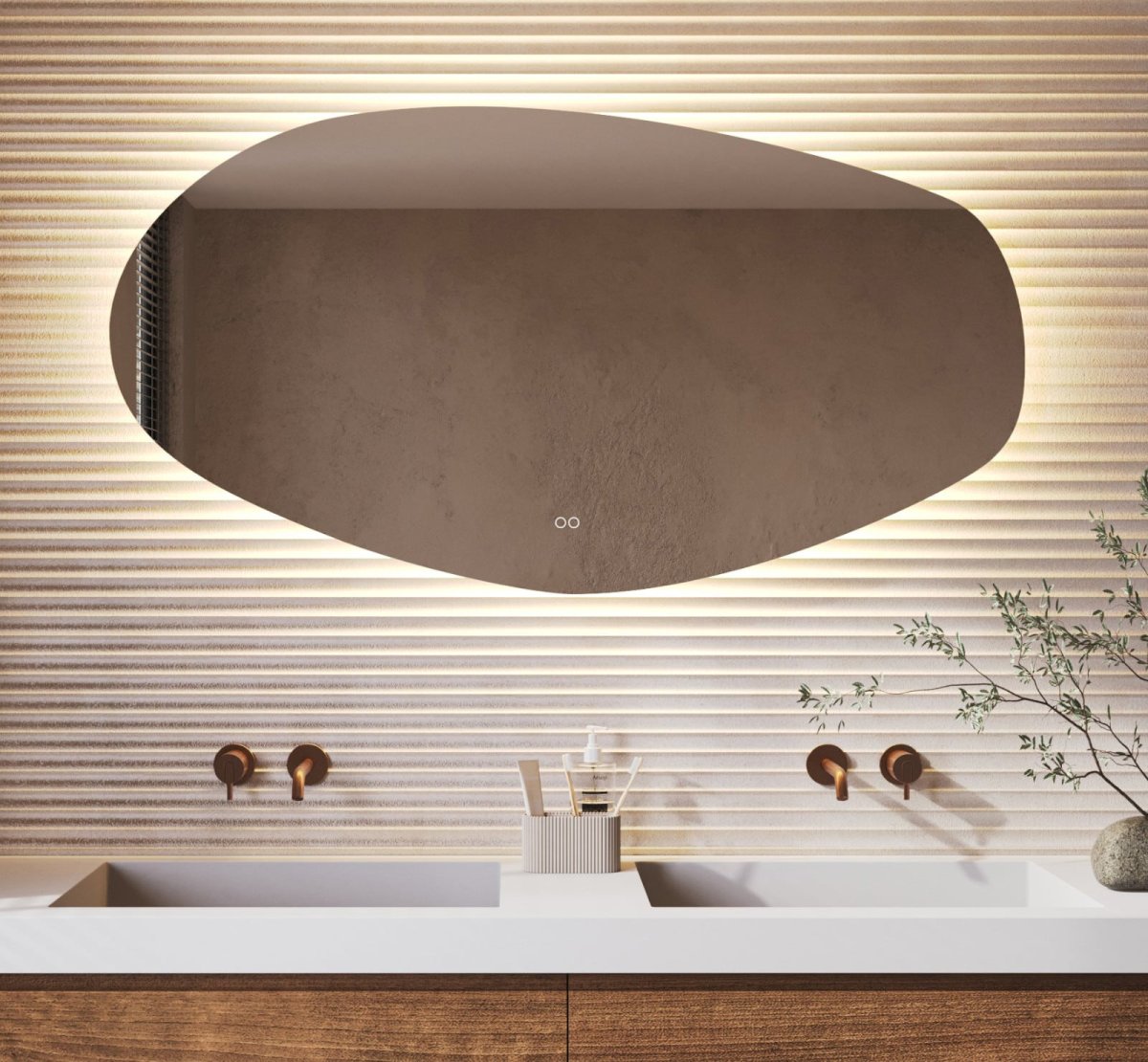 Organische badkamerspiegel met indirecte verlichting, verwarming, instelbare lichtkleur en dimfunctie 140×75 cm
