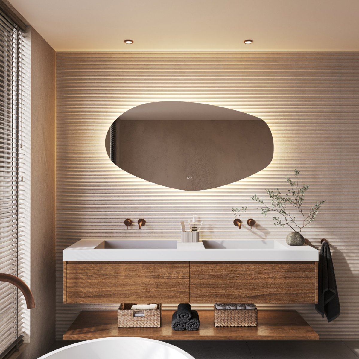 Organische badkamerspiegel met indirecte verlichting, verwarming, instelbare lichtkleur en dimfunctie 140×75 cm - Afbeelding 8