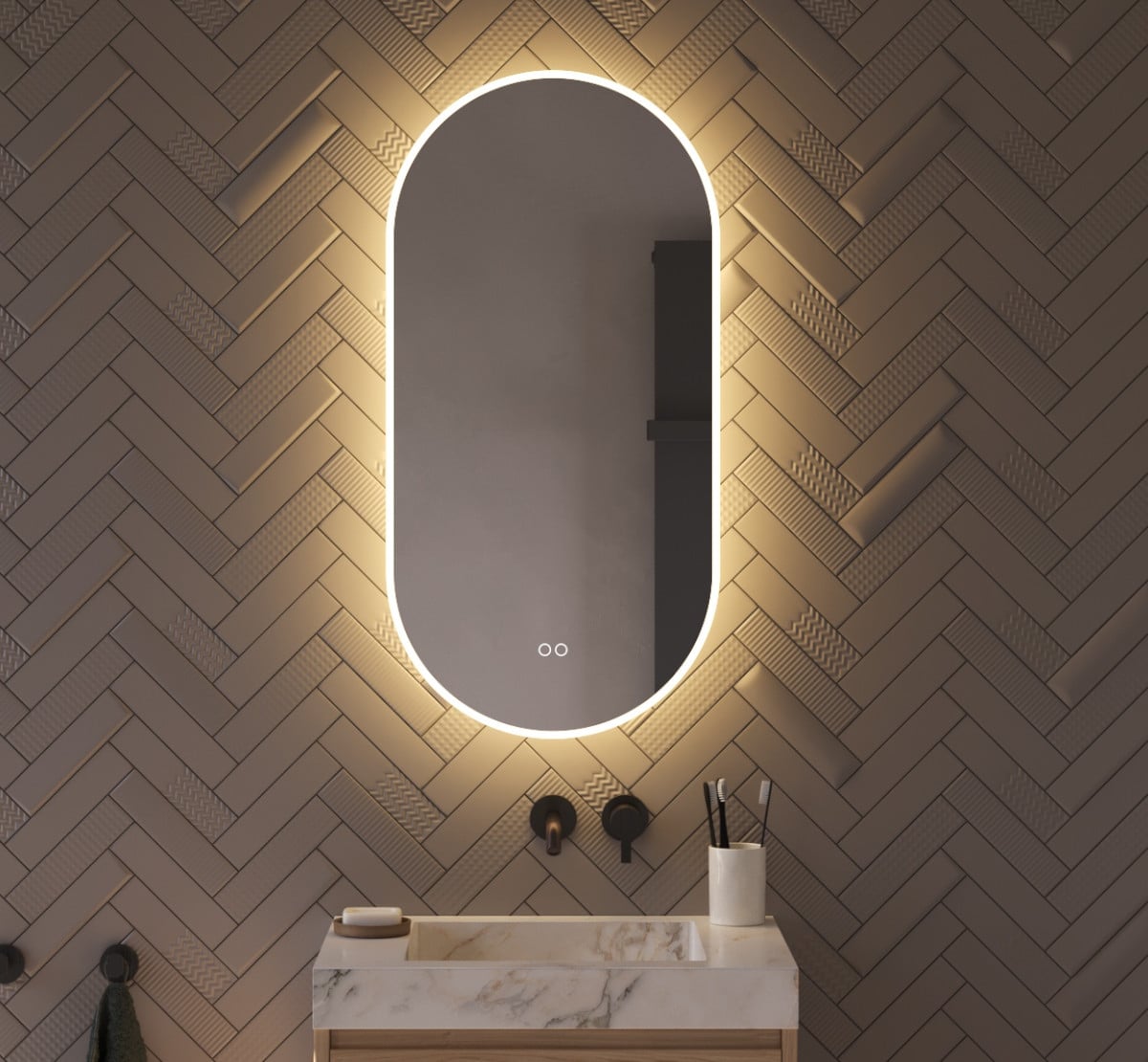Ovale badkamerspiegel met directe en indirecte verlichting, verwarming, instelbare lichtkleur en dimfunctie 45×90 cm