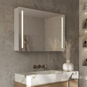 Aluminium badkamer spiegelkast met directe verlichting links en rechts, spiegelverwarming, stopcontact inclusief USB, make-up spiegel en sensor schakelaar 100×70 cm
