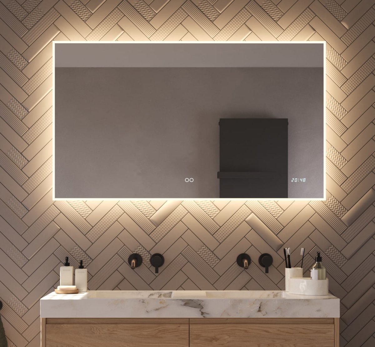 Badkamerspiegel met directe en indirecte verlichting, digitale klok, verwarming, instelbare lichtkleur en dimfunctie 120×70 cm - Afbeelding 2